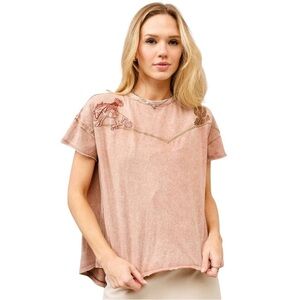 NEW blue b Tan Embroidered Shoulder Western Yoke Cowboy Theme Cactus T-shirt Top